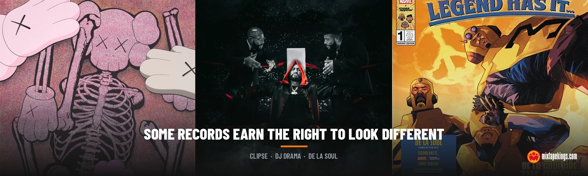 Clipse Let God Sort Em' Out, DJ Drama I'm Really Like That, and De La Soul Cabin in the Sky Marvel variant album covers side by side
